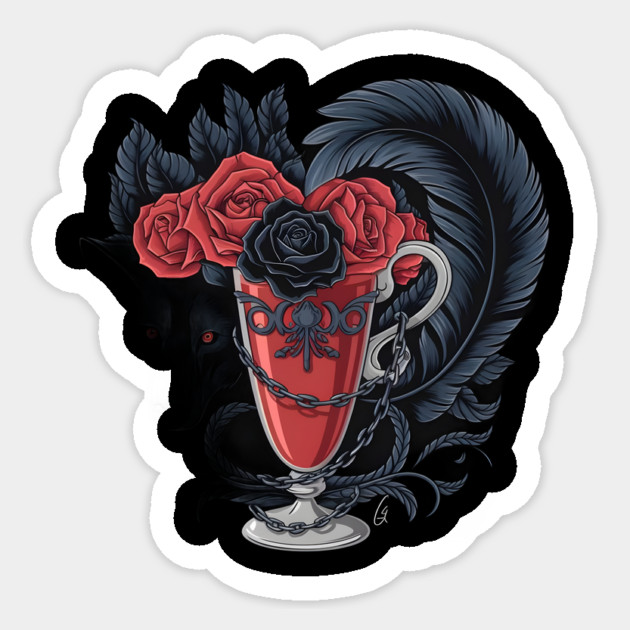 Red Cup Filled with Dark Red Roses, Adorned with an Ornate Design, and Surrounded by a Large Sticker by animegirlnft