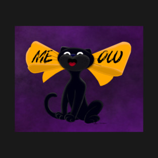 Black Cat Meowing in Halloween Orange Bow T-Shirt