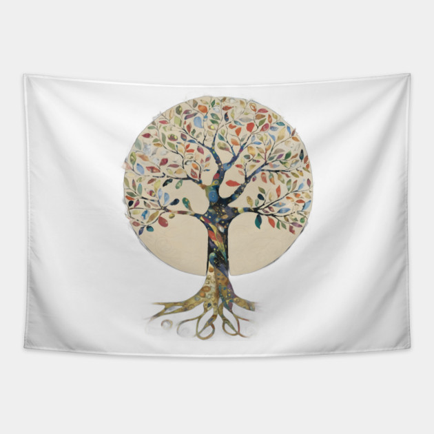 Stylized Tree with a Circular Canopy  Filled with Multicolored Leaves Tapestry by animegirlnft