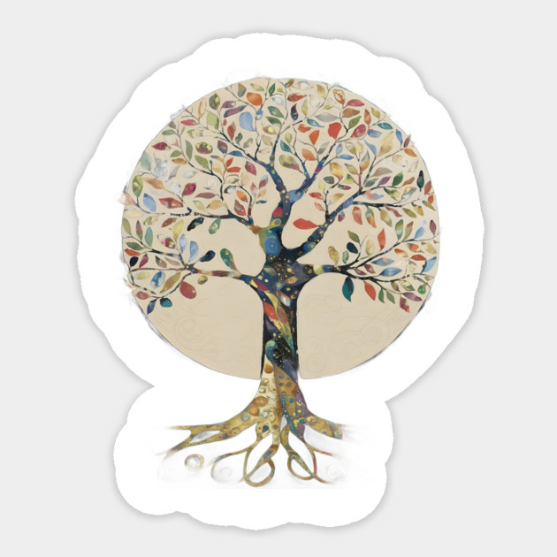 Stylized Tree with a Circular Canopy  Filled with Multicolored Leaves Sticker by animegirlnft