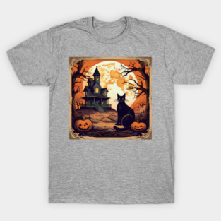 Scary black cat: Halloween 2024, Vintage Black Cat, Scary Night: Black Cat and Haunted House Scene - black cat, black cat eyes, Birthday & Anniversary Gift: Halloween 2024, Halloween Gift Ideas. T-Shirt