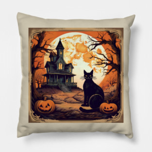 Scary black cat: Halloween 2024, Vintage Black Cat, Scary Night: Black Cat and Haunted House Scene - black cat, black cat eyes, Birthday & Anniversary Gift: Halloween 2024, Halloween Gift Ideas. Pillow