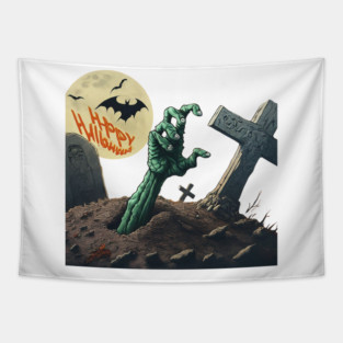 Zombie Hand: Halloween 2024, skeleton hand, Happy Halloween, Ghostly Hand Rising from the Dirt: Paranormal Halloween, Birthday & Anniversary Gift, Halloween Gift Ideas. Tapestry