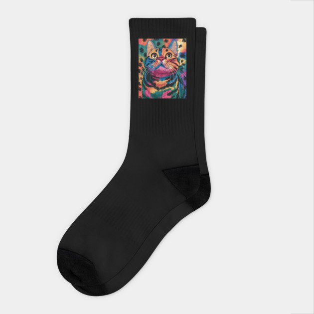 A Colorful Cat Looking Up Socks by Luvv Designs