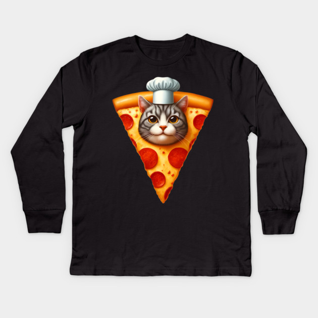 Cat Face inside Pizza Slice, Funny Pizza Lover Kids Long Sleeve T-Shirt by logiamerch