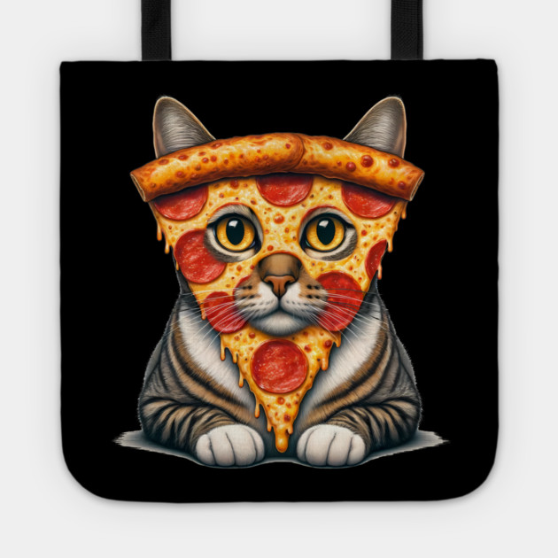 Pizza Slice on Cat Face, Funny Pizza Lover Tote by logiamerch