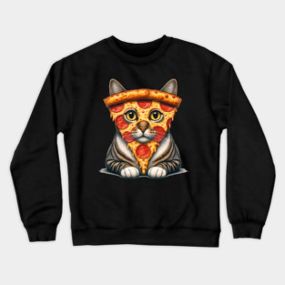 Pizza Slice on Cat Face, Funny Pizza Lover Crewneck Sweatshirt