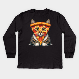 Pizza Slice on Cat Face, Funny Pizza Lover Kids Long Sleeve T-Shirt