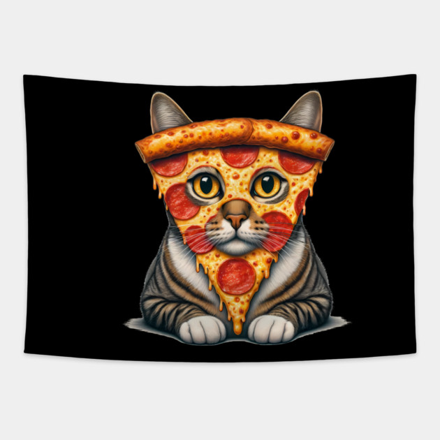 Pizza Slice on Cat Face, Funny Pizza Lover Tapestry by logiamerch