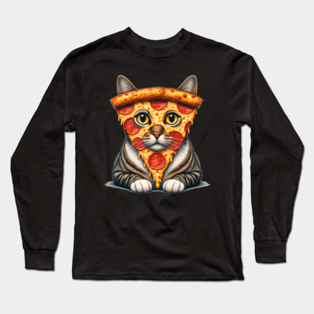 Pizza Slice on Cat Face, Funny Pizza Lover Long Sleeve T-Shirt by logiamerch