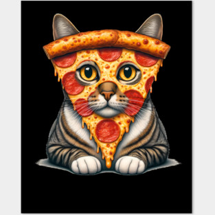 Pizza Slice on Cat Face, Funny Pizza Lover Posters and Art