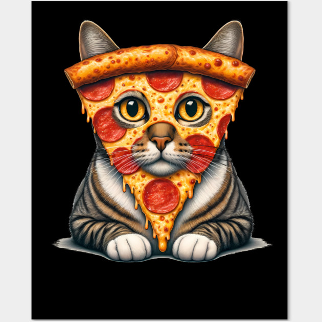 Pizza Slice on Cat Face, Funny Pizza Lover Wall Art by logiamerch