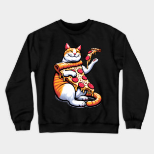 Funny Orange Cat with Pizza, Funny Pizza Lover Crewneck Sweatshirt