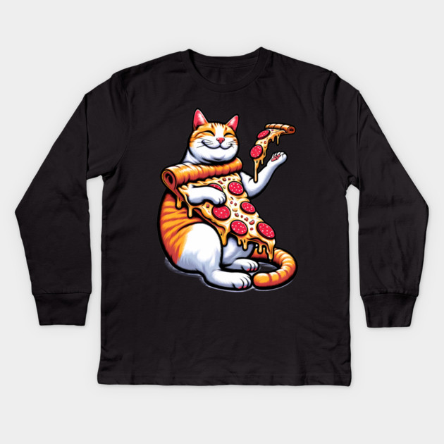 Funny Orange Cat with Pizza, Funny Pizza Lover Kids Long Sleeve T-Shirt by logiamerch