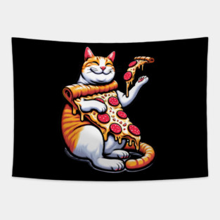 Funny Orange Cat with Pizza, Funny Pizza Lover Tapestry
