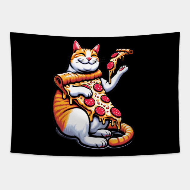 Funny Orange Cat with Pizza, Funny Pizza Lover Tapestry by logiamerch