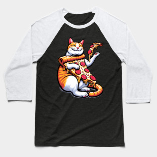 Funny Orange Cat with Pizza, Funny Pizza Lover Baseball T-Shirt