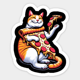Funny Orange Cat with Pizza, Funny Pizza Lover Sticker