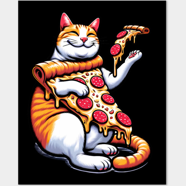 Funny Orange Cat with Pizza, Funny Pizza Lover Wall Art by logiamerch