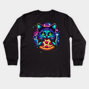 Cat in Space Eating Pizza, Funny Pizza Lover Kids Long Sleeve T-Shirt