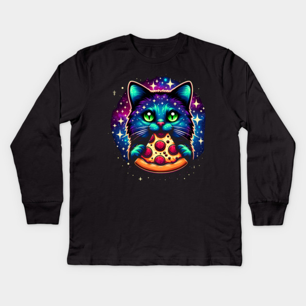 Cat in Space Eating Pizza, Funny Pizza Lover Kids Long Sleeve T-Shirt by logiamerch