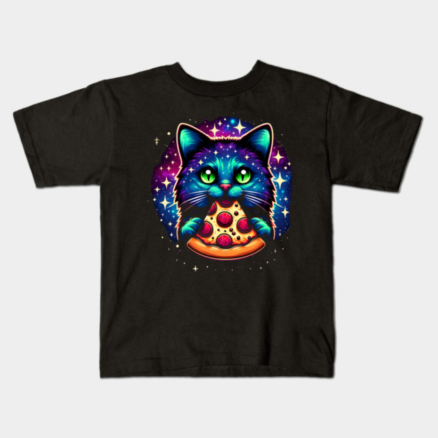 Cat in Space Eating Pizza, Funny Pizza Lover Kids T-Shirt by logiamerch