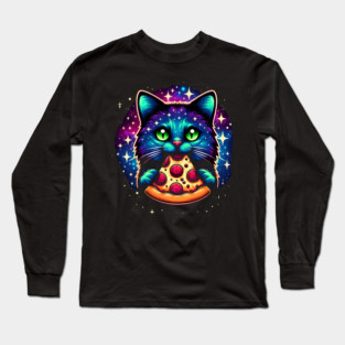 Cat in Space Eating Pizza, Funny Pizza Lover Long Sleeve T-Shirt
