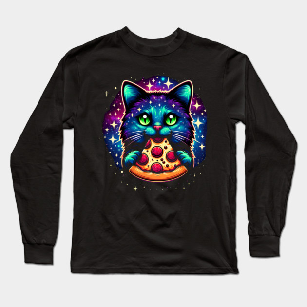 Cat in Space Eating Pizza, Funny Pizza Lover Long Sleeve T-Shirt by logiamerch