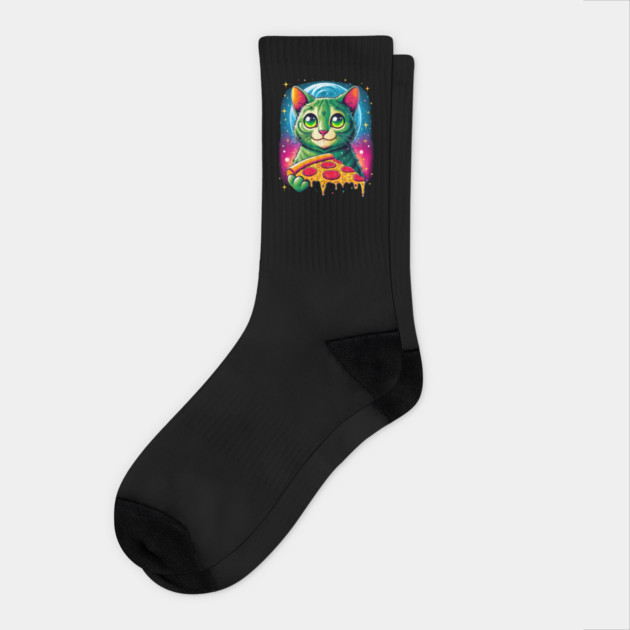 Cat in Space Eating Pizza, Funny Pizza Lover Socks by logiamerch