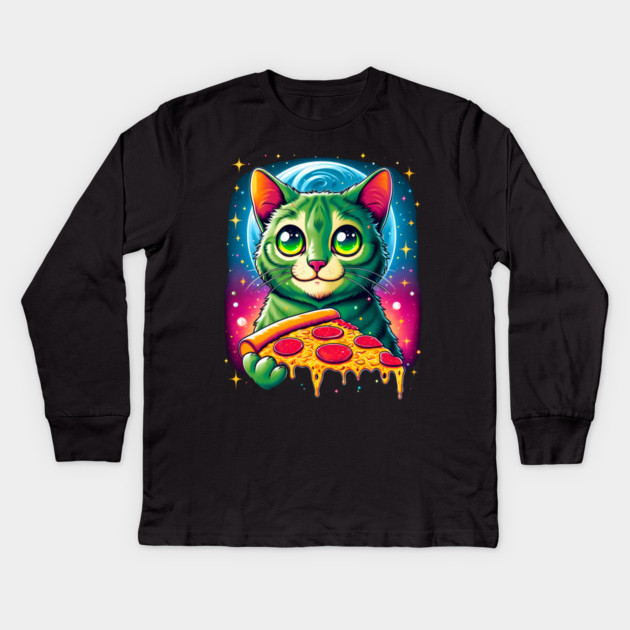 Cat in Space Eating Pizza, Funny Pizza Lover Kids Long Sleeve T-Shirt by logiamerch