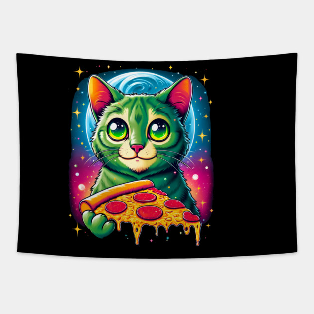 Cat in Space Eating Pizza, Funny Pizza Lover Tapestry by logiamerch