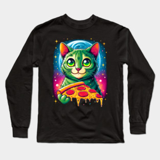 Cat in Space Eating Pizza, Funny Pizza Lover Long Sleeve T-Shirt
