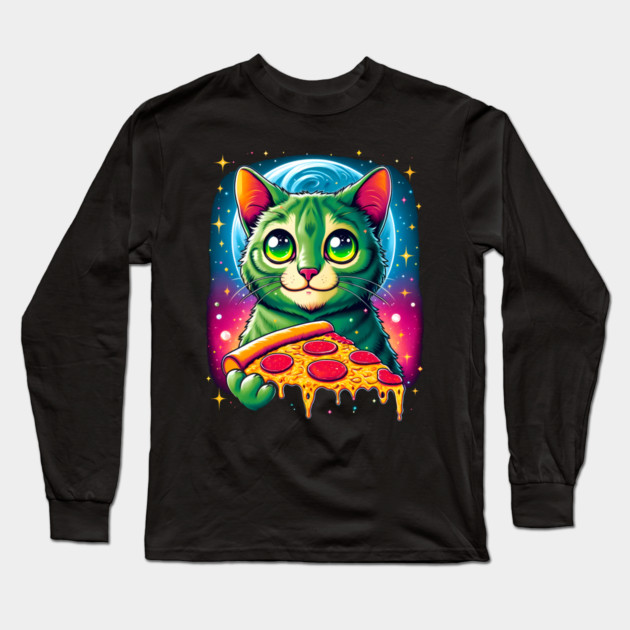 Cat in Space Eating Pizza, Funny Pizza Lover Long Sleeve T-Shirt by logiamerch
