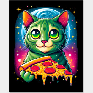 Cat in Space Eating Pizza, Funny Pizza Lover Posters and Art