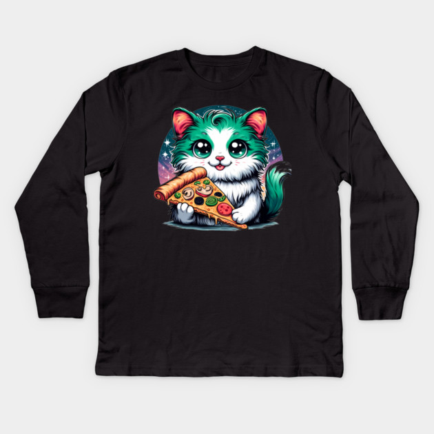 Cat in Space Eating Pizza, Funny Pizza Lover Kids Long Sleeve T-Shirt by logiamerch