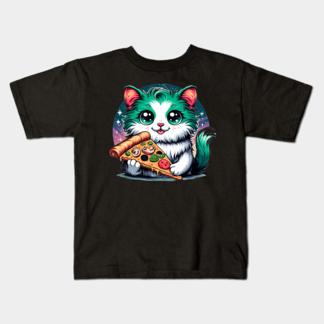 Cat in Space Eating Pizza, Funny Pizza Lover Kids T-Shirt by logiamerch