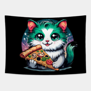 Cat in Space Eating Pizza, Funny Pizza Lover Tapestry