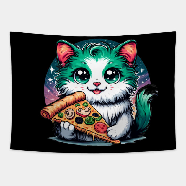 Cat in Space Eating Pizza, Funny Pizza Lover Tapestry by logiamerch