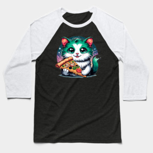 Cat in Space Eating Pizza, Funny Pizza Lover Baseball T-Shirt