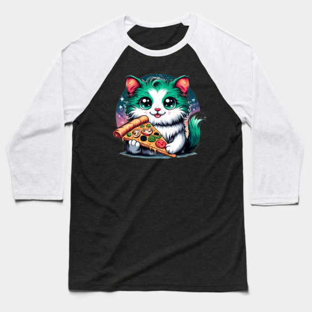 Cat in Space Eating Pizza, Funny Pizza Lover Baseball T-Shirt by logiamerch