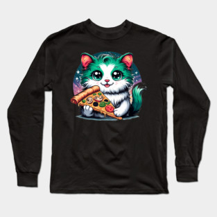Cat in Space Eating Pizza, Funny Pizza Lover Long Sleeve T-Shirt