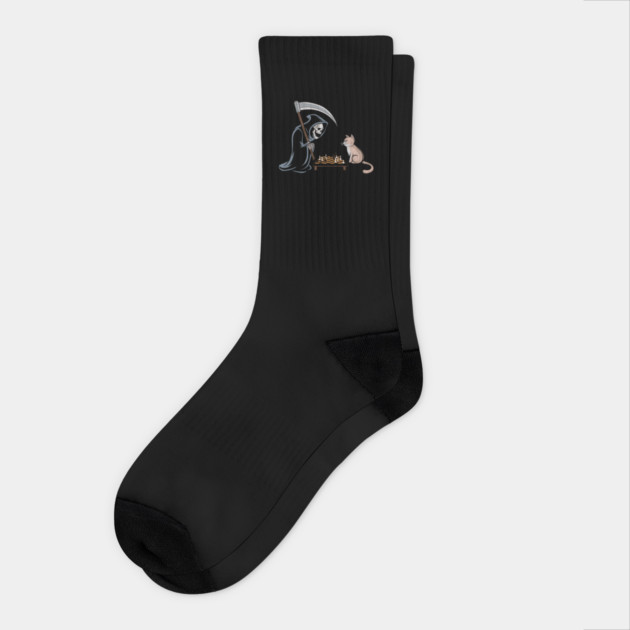 Grim Reaper vs Cat Chess Match - Dark Humor Design Socks by Designed By Marty