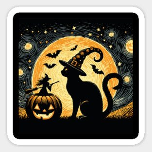 Halloween Van Gogh Starry Night Cat Sticker