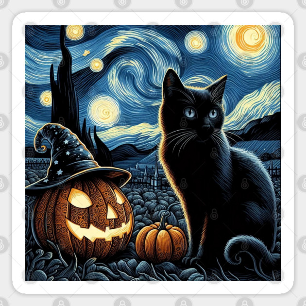 Halloween Cat Van Gogh Starry Night Sticker by JessArty