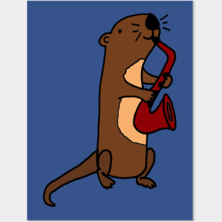 Cute Funny Sea Otter Playing Red Saxophone Posters and Art
