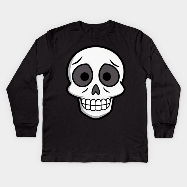 💀 Worried Little Skull – Cute Cartoon Skeleton Face Design Kids Long Sleeve T-Shirt by DonWillisJrArt