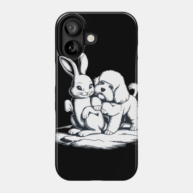 Black and White Illustration of a Rabbit and a Puppy Sitting Close Together Phone Case by animegirlnft