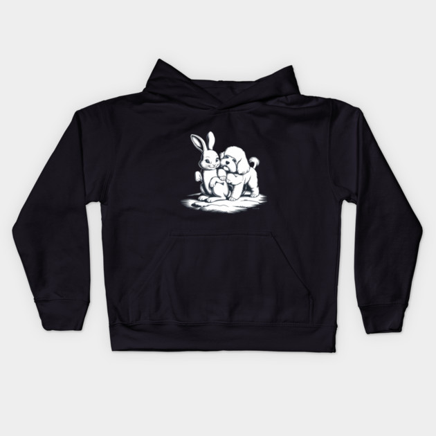 Black and White Illustration of a Rabbit and a Puppy Sitting Close Together Kids Hoodie by animegirlnft