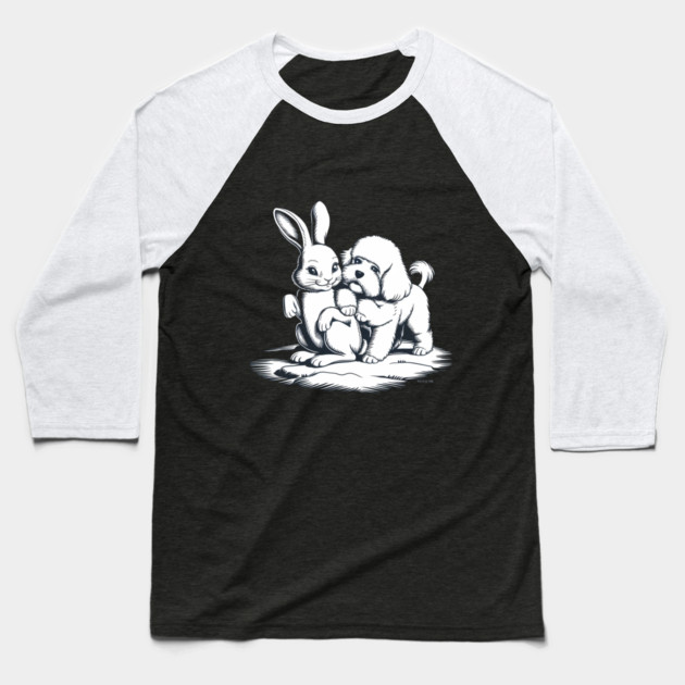 Black and White Illustration of a Rabbit and a Puppy Sitting Close Together Baseball T-Shirt by animegirlnft