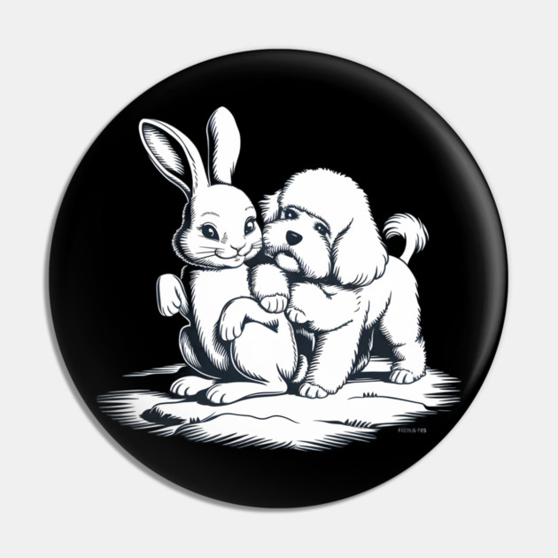 Black and White Illustration of a Rabbit and a Puppy Sitting Close Together Pin by animegirlnft